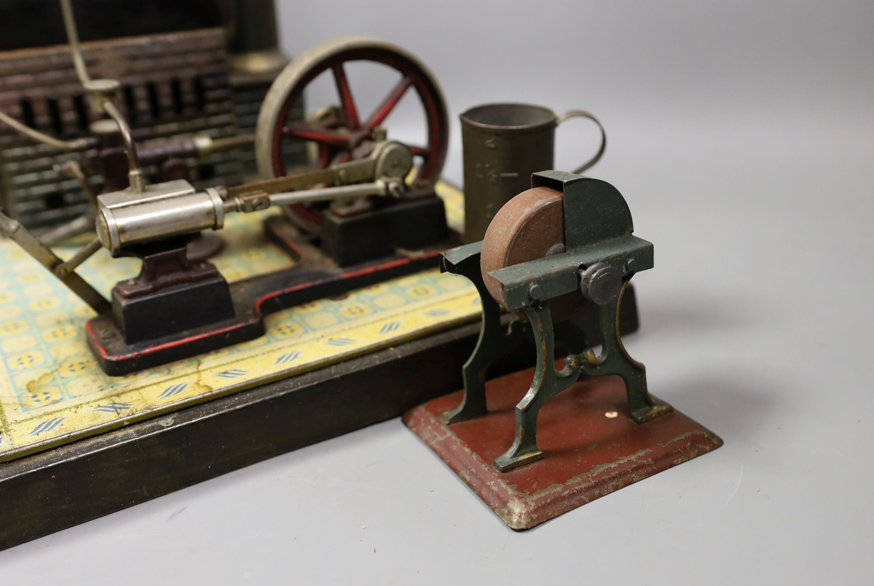 Gebruder Bing - tinplate stationary steam plant, single cylinder, rare, in original pine box, and grindstone accessories, 32cms high, width - 16cm, length - 29cm